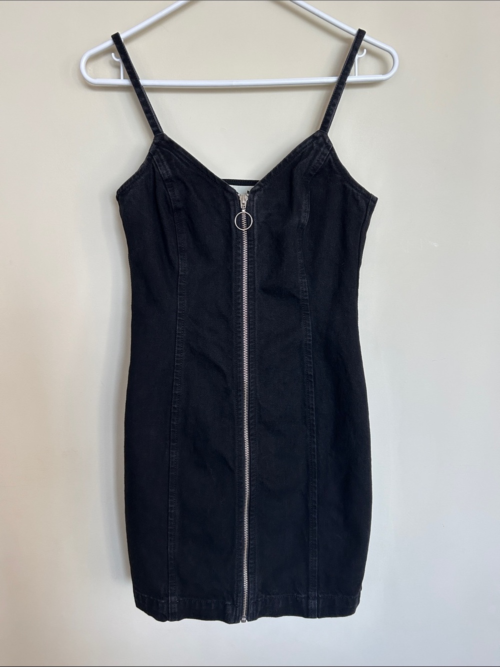 Topshop Black Zip-Front Spaghetti Strap Mini Dress, Size 2